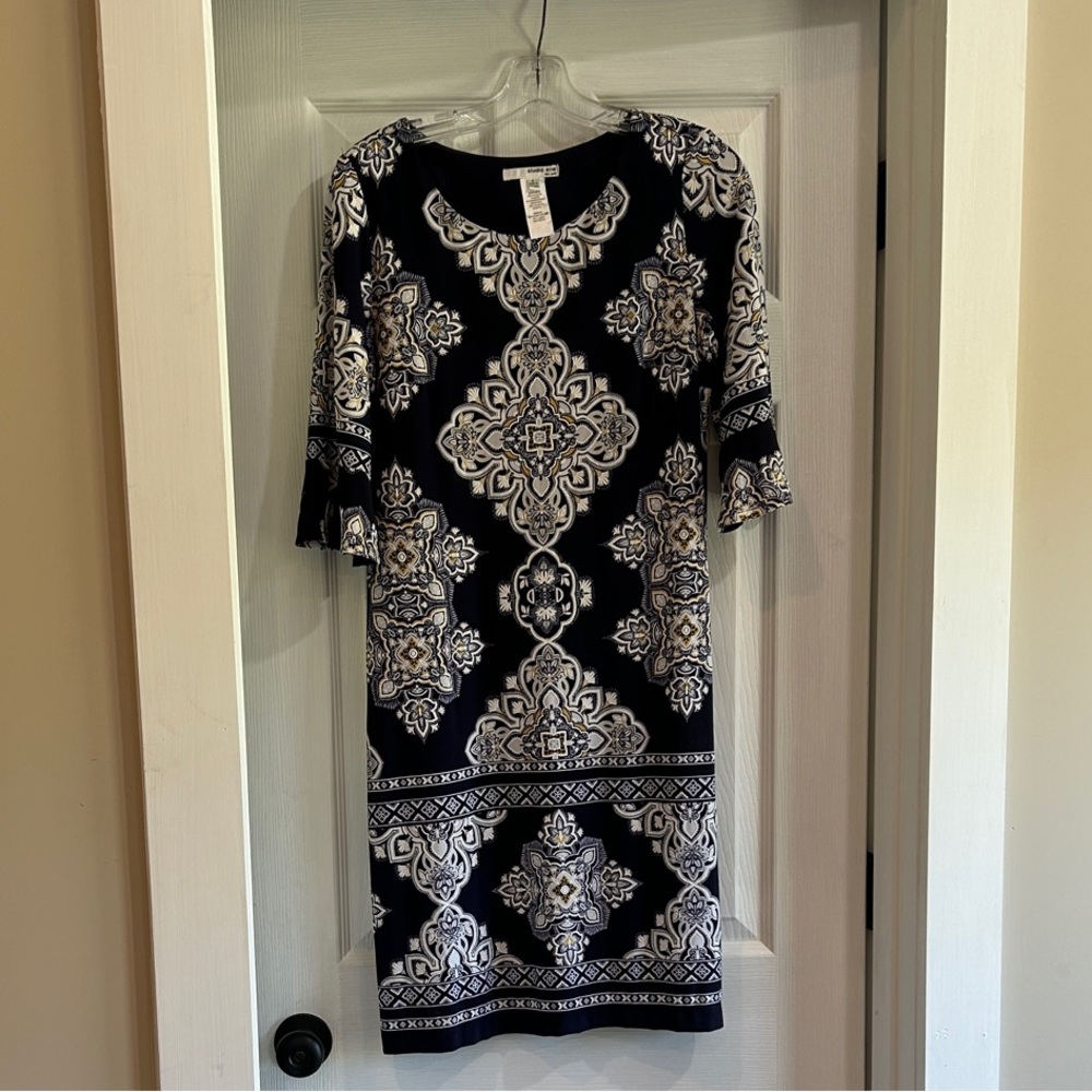 Studio One Navy and White Paisley Dress with 3/4 Bell Sleeves